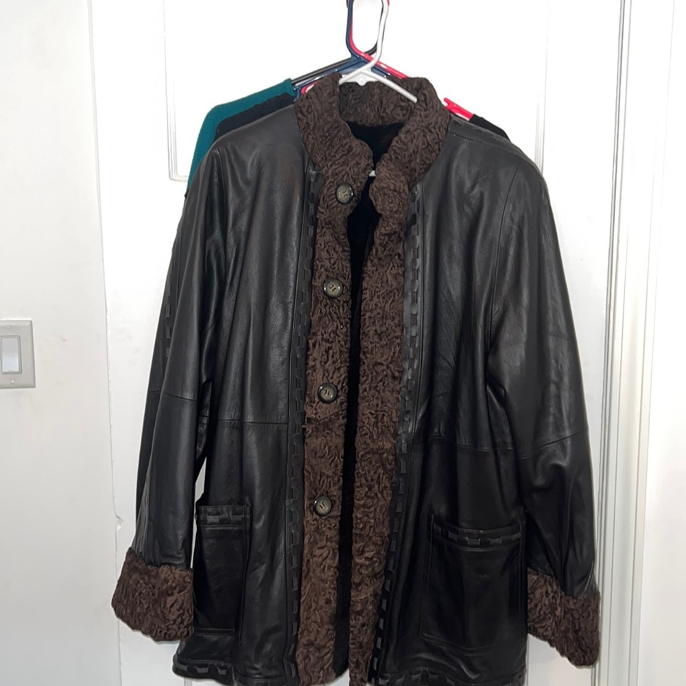 Leakas Furs brown reversible, sheared mink stroller w/ Persian lambskin leather